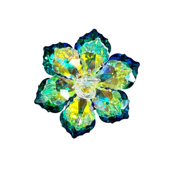 Sparkling Teal crystal flower pin brooch Layers of baroque AB crystals - Picture 2 of 4